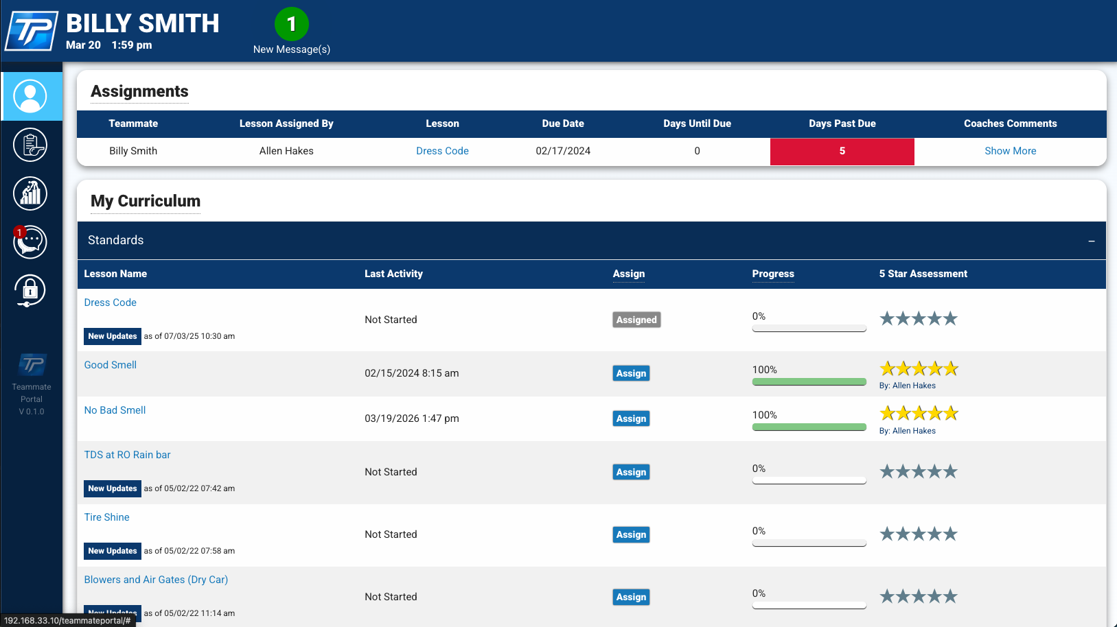 Employee curriculum and assignments profile view for training accountability