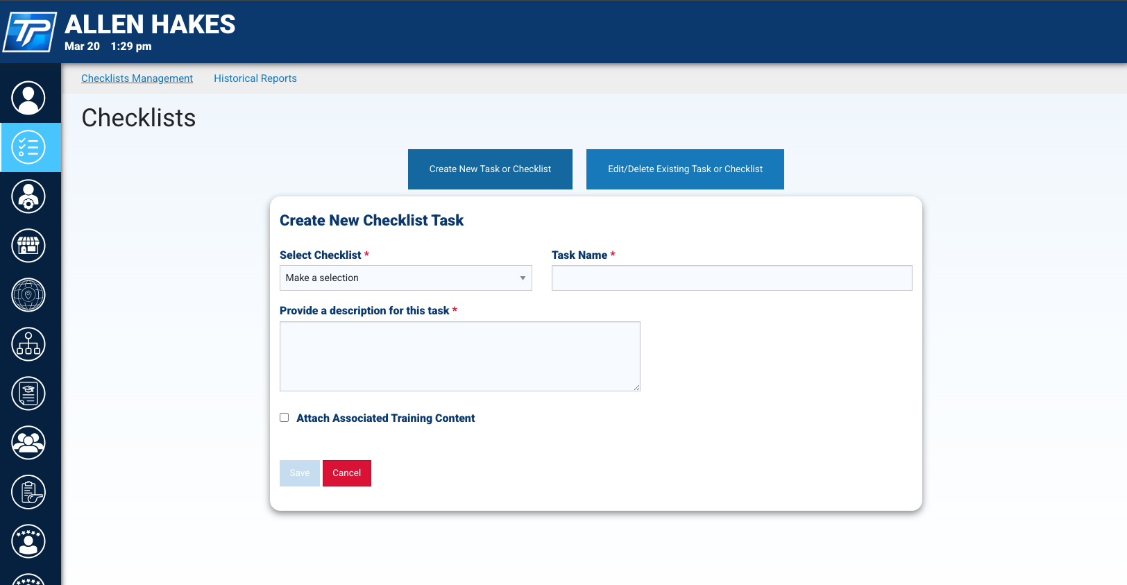 Checklist builder tied to employee training and task standards