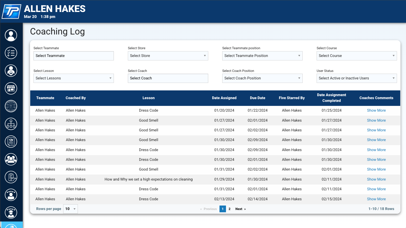 Coaching log visibility screenshot for employee development and follow-up tracking
