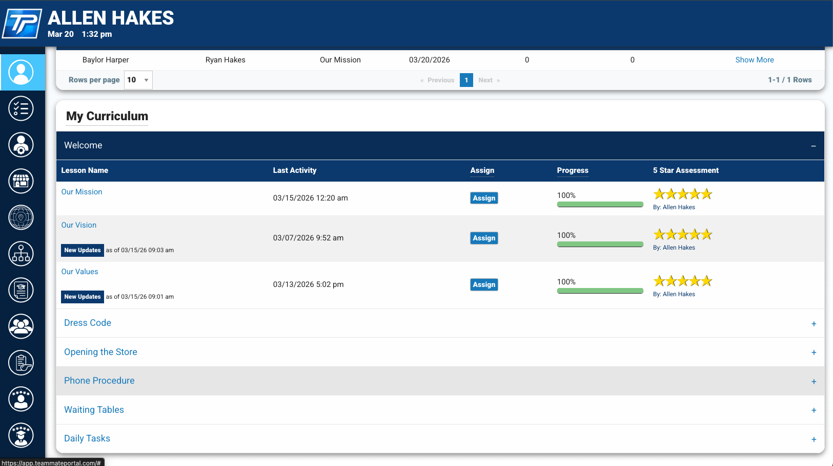 Employee curriculum showing leader-verified five-star skill readiness
