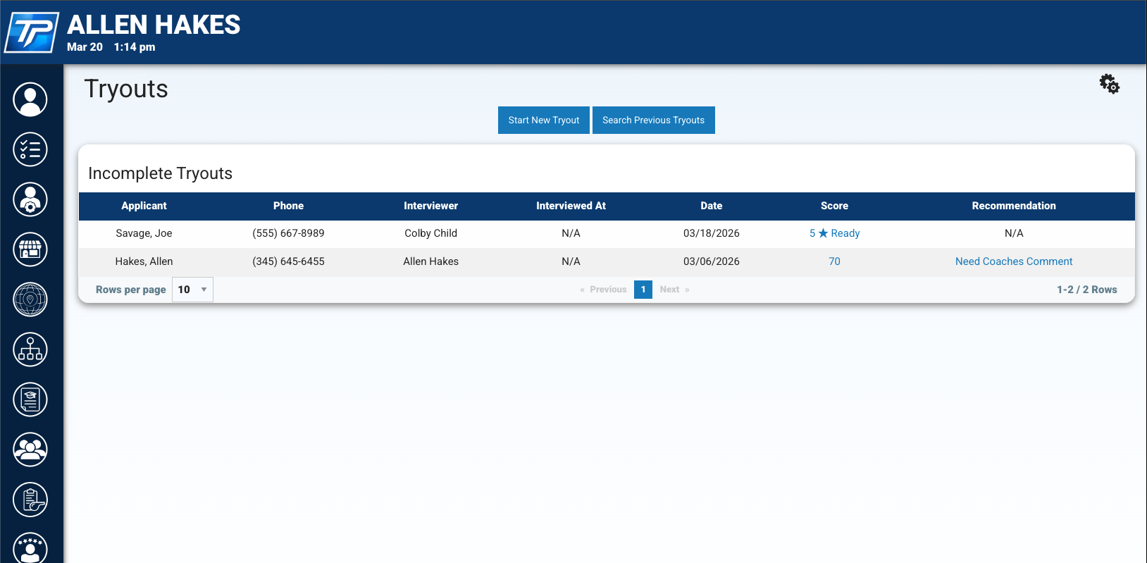 Hiring and tryout workflow for structured candidate evaluation