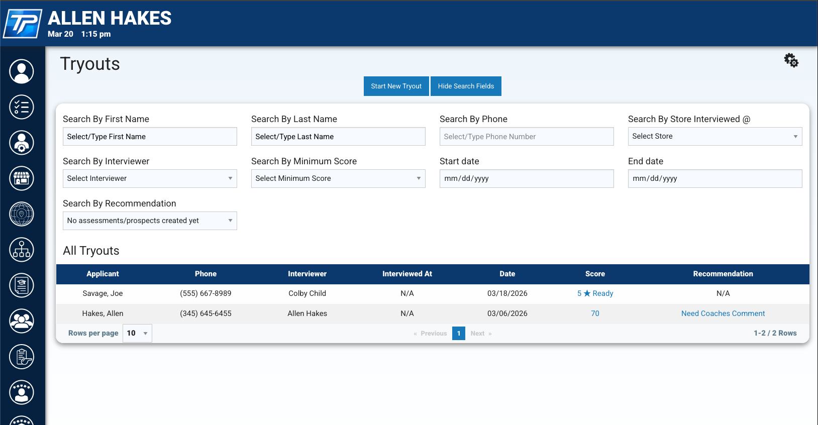 Hiring scorecard and interviewer visibility for tryout-based recruiting
